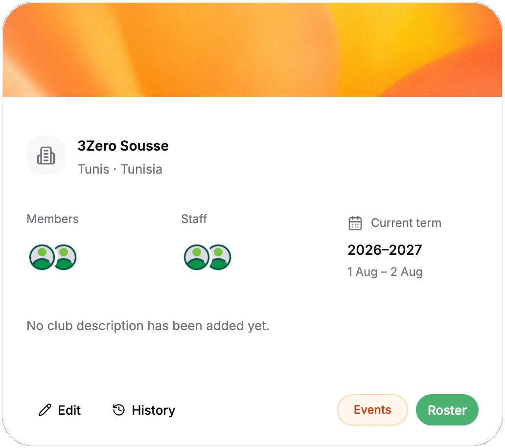 Club details dialog showing members, staff, location, and current term