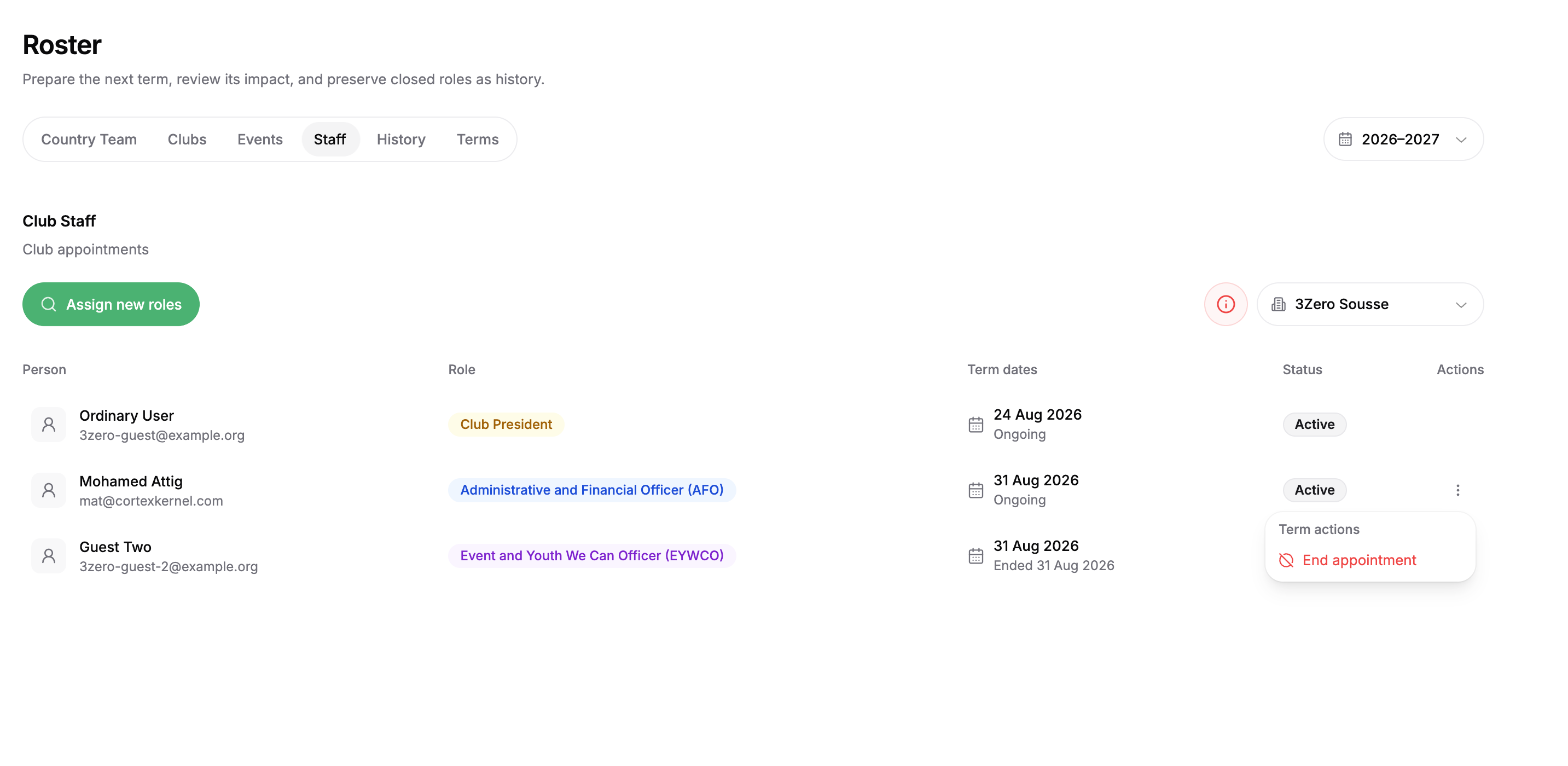 Club staff roster with people, roles, dates, and appointment status