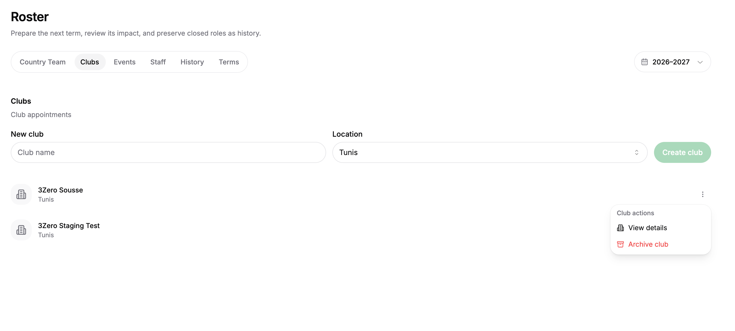 Clubs directory with a new club form and contextual club actions