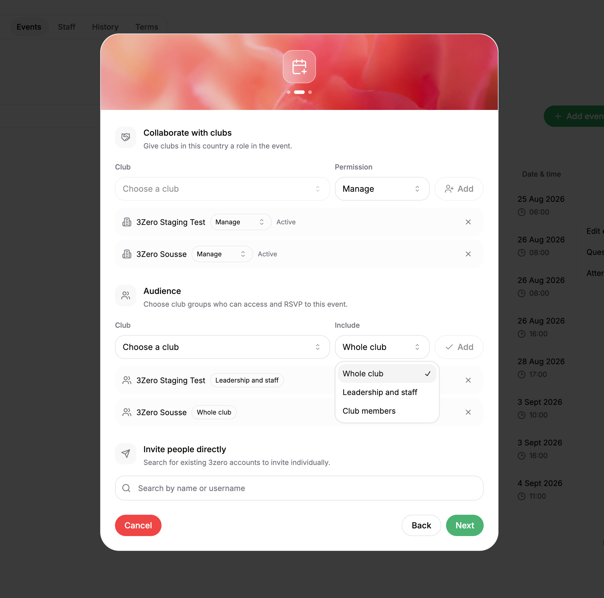 Event creation dialog with separate collaboration, audience, and invitation sections