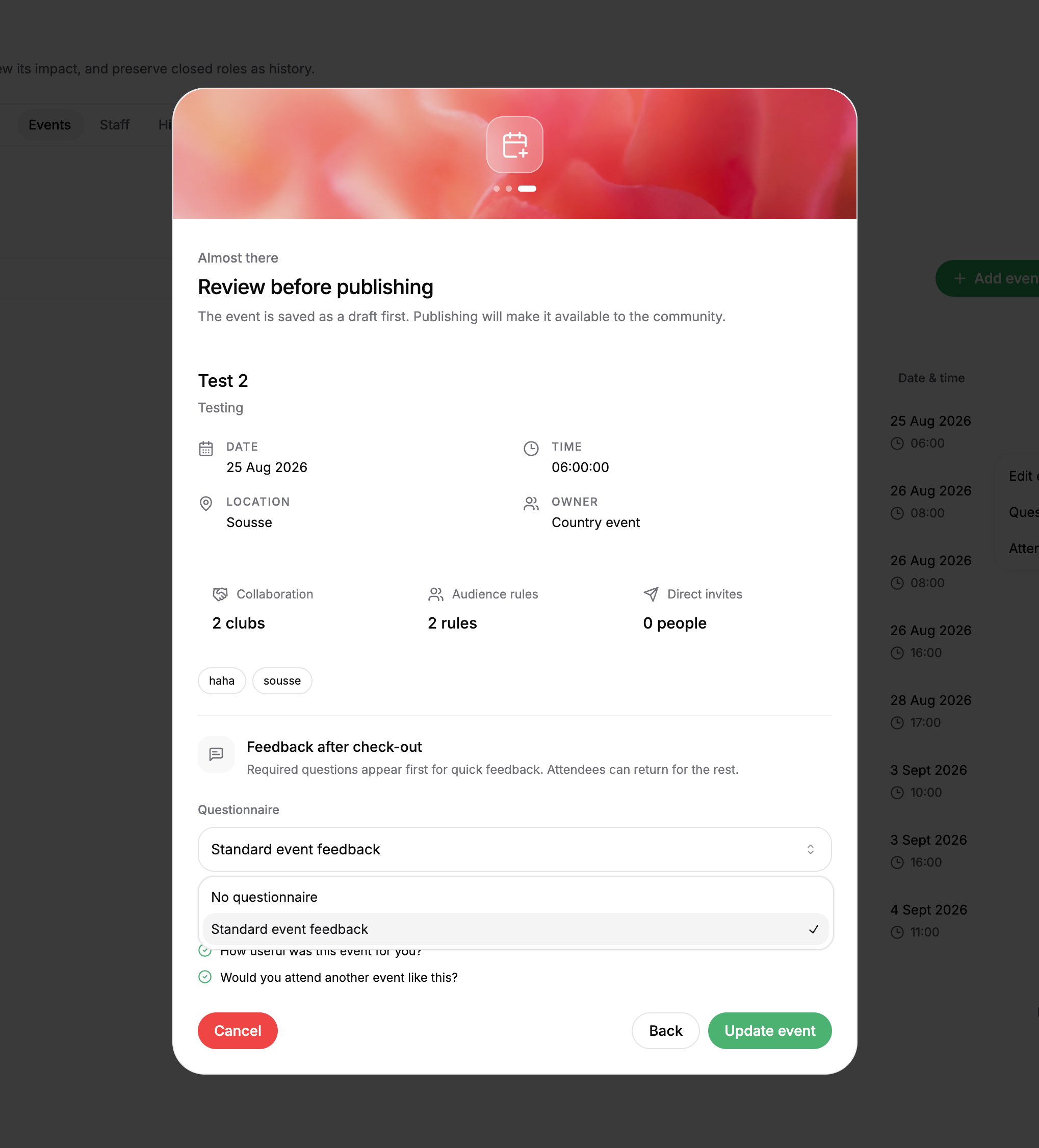 Event review dialog summarizing details, participants, and feedback questionnaire