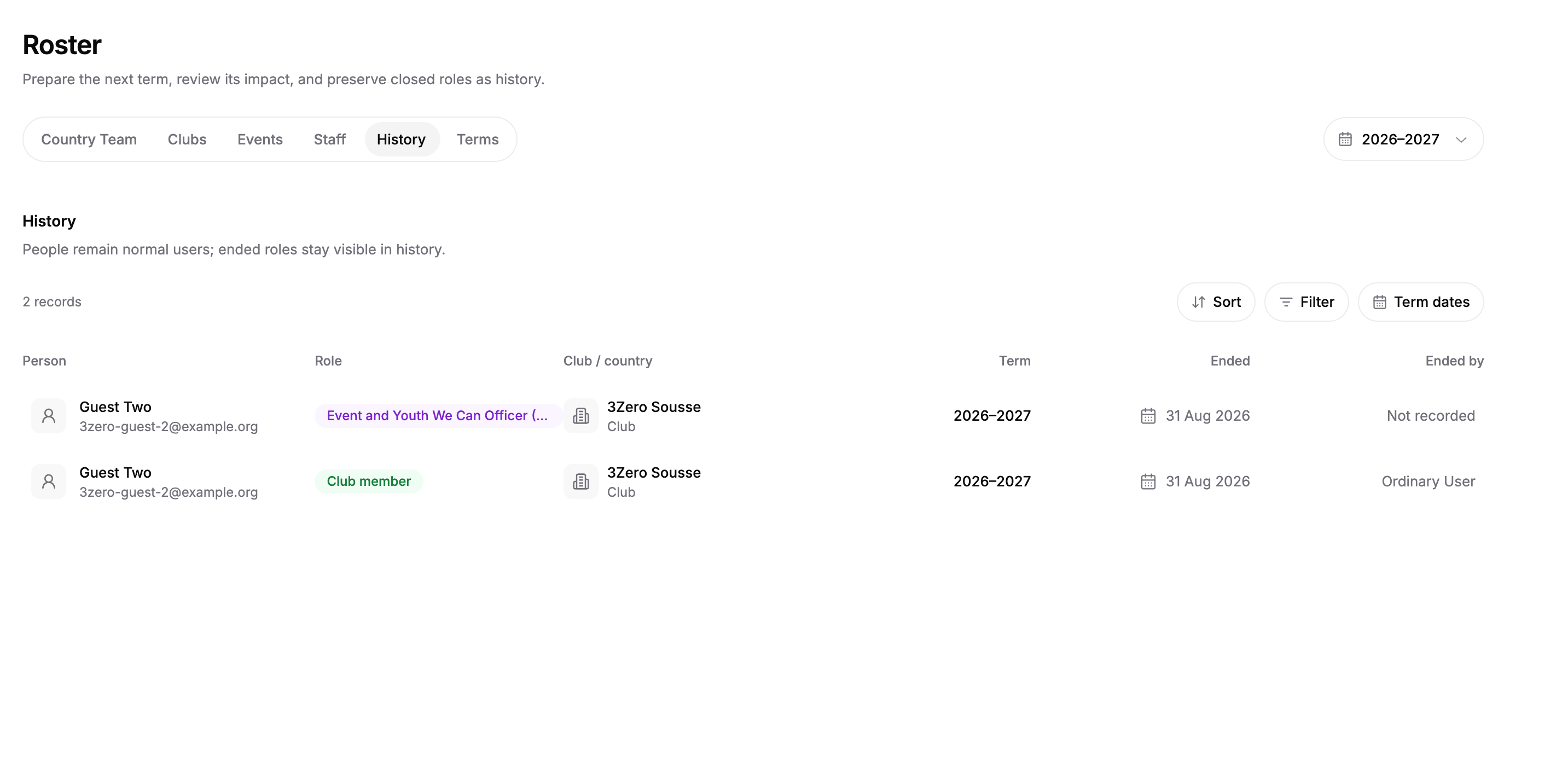 Appointment history with former roles, terms, and end dates